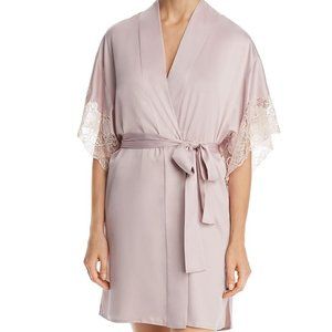 NEW Natori Plume Light Mauve Satin Lace Trim Short Kimono Sleeve Belt Tie Robe